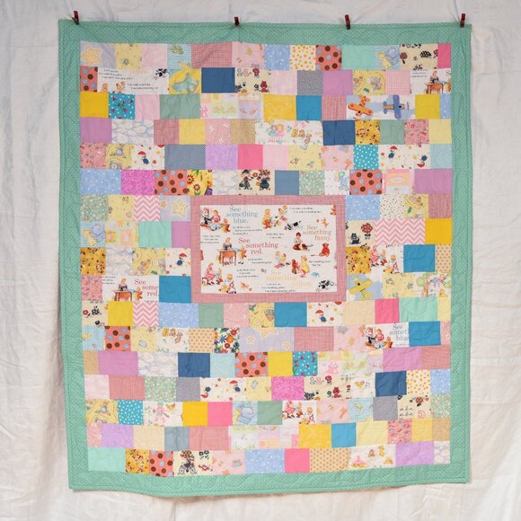 New handmade baby toddler crib quilt Dick Jane reading patchwork "I Spy" flannel - Picture 1 of 2